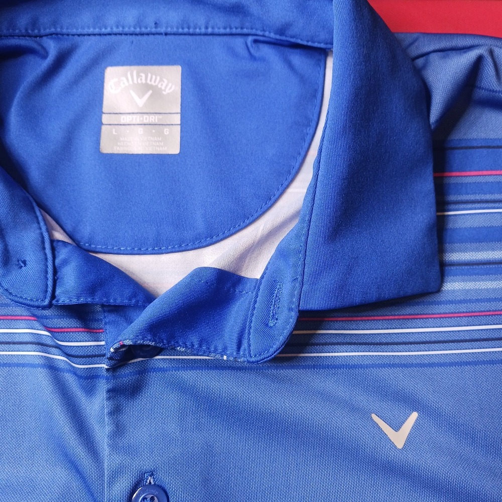 Callaway Mens Golf Polo LARGE Blue Opti Dri Moisture Wicking Shirt Logo Striped